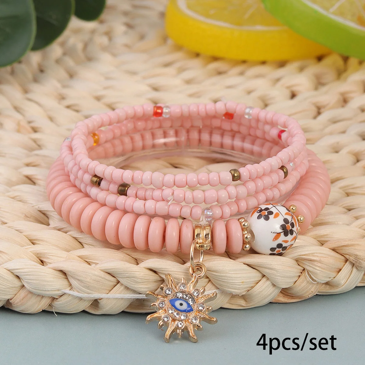 Hot Selling Bohemian Style Multi-layer Rice Bead Bracelet Stacked With Evil Eye Pendant Handmade Adjustable Jewelry