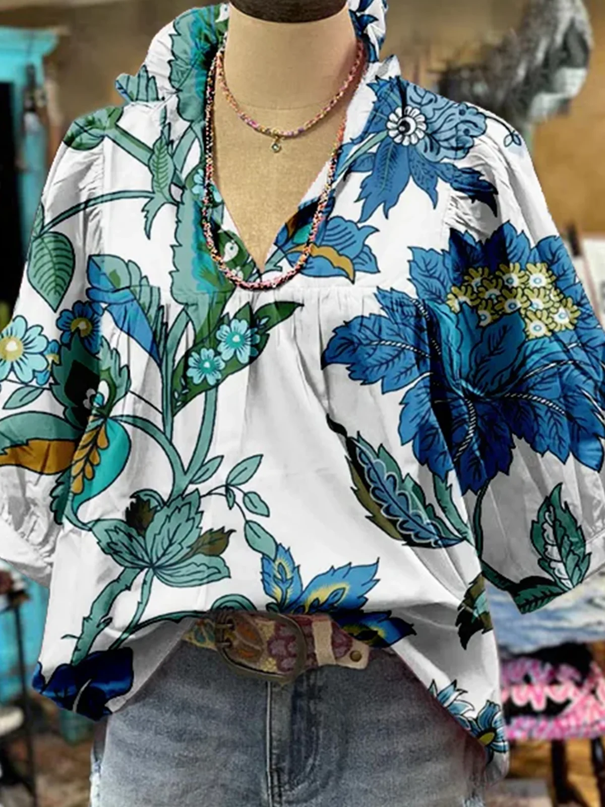 Shawl Collar Half Sleeve Floral Regular Loose Blouse For Women