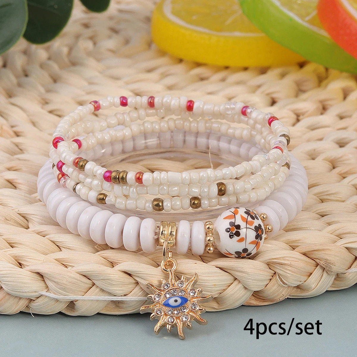 Hot Selling Bohemian Style Multi-layer Rice Bead Bracelet Stacked With Evil Eye Pendant Handmade Adjustable Jewelry