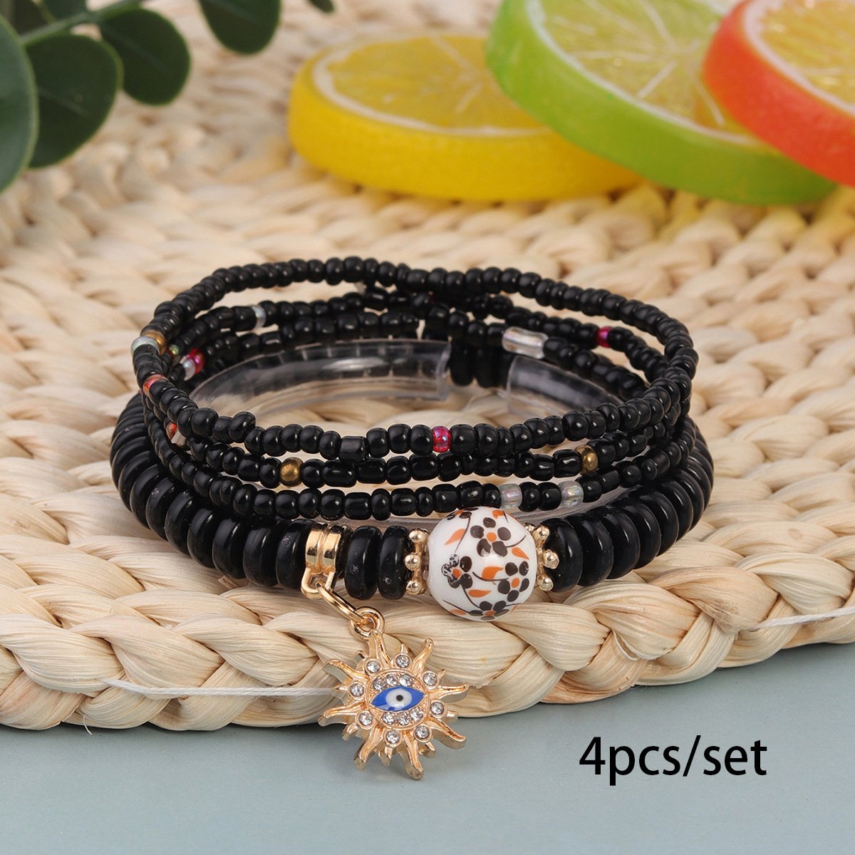 Hot Selling Bohemian Style Multi-layer Rice Bead Bracelet Stacked With Evil Eye Pendant Handmade Adjustable Jewelry