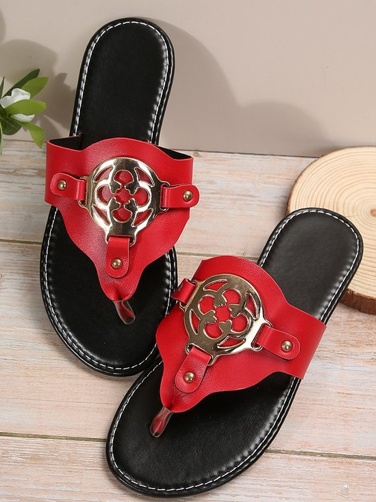 Ladies Spot Flip Flops Pu Shoes Metal Buckle Sandals Hardware Buckle Summer Flat Slippers