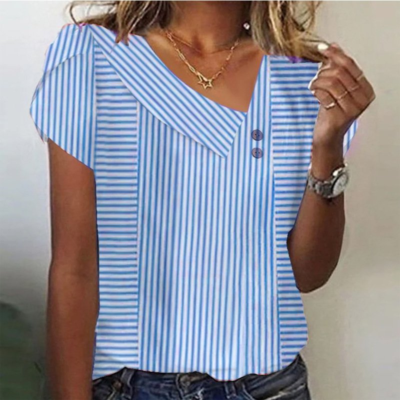 Casual Striped Asymmetrical Short Sleeve T-shirt