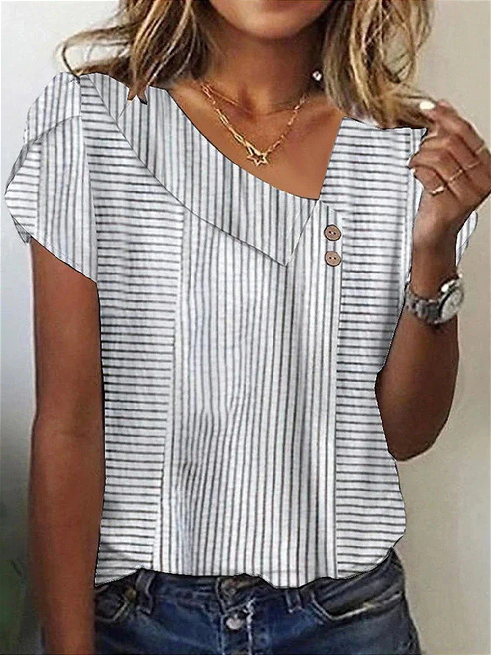 Casual Striped Asymmetrical Short Sleeve T-shirt