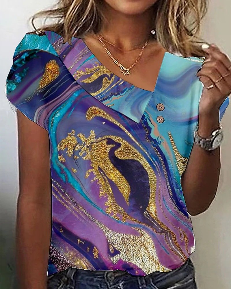 Casual Striped Asymmetrical Short Sleeve T-shirt