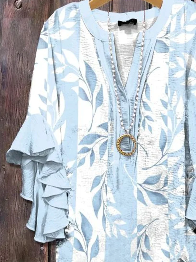 V Neck Half Sleeve Floral Printing Regular Loose Shirt For Women