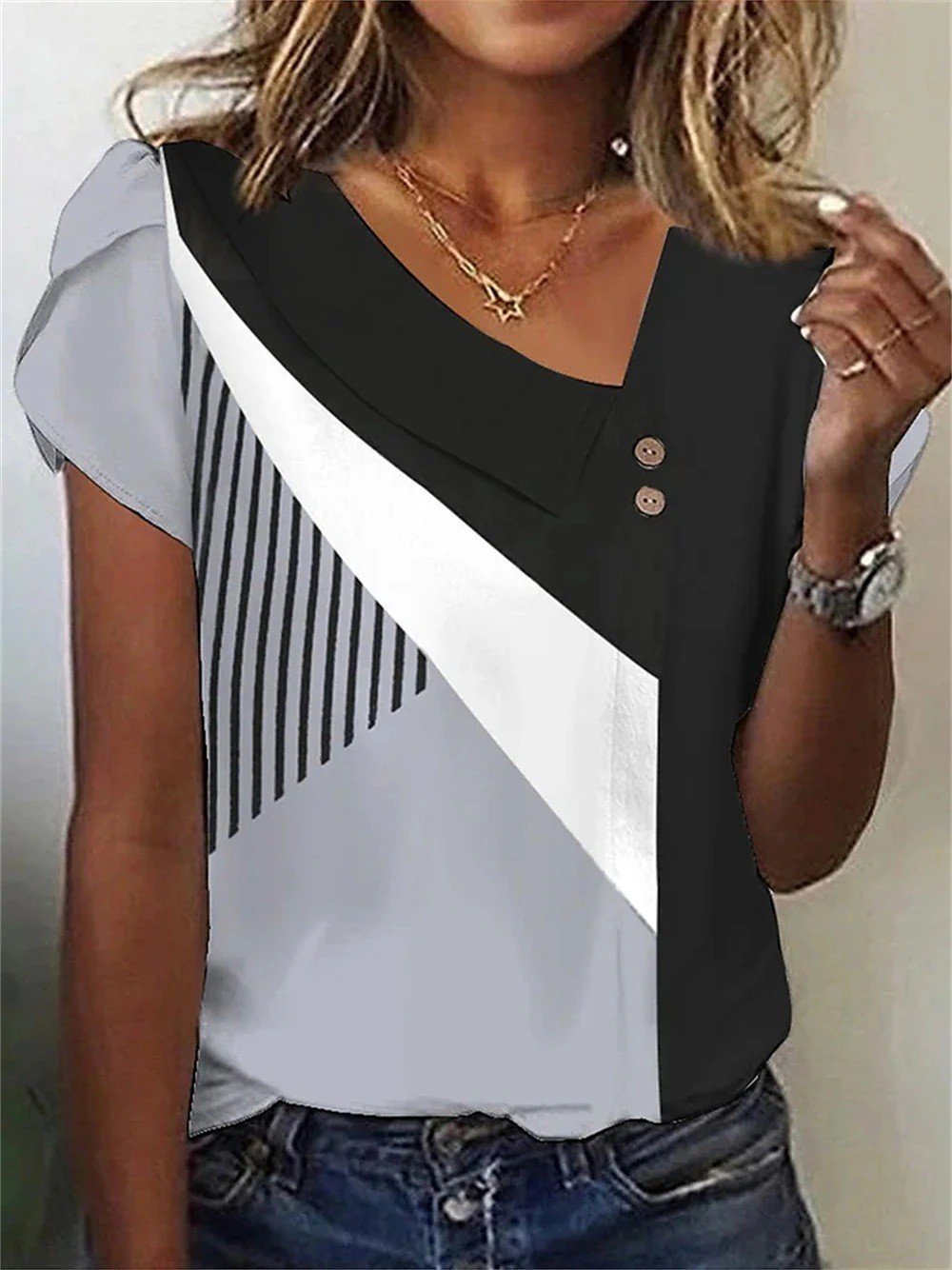 Casual Striped Asymmetrical Short Sleeve T-shirt