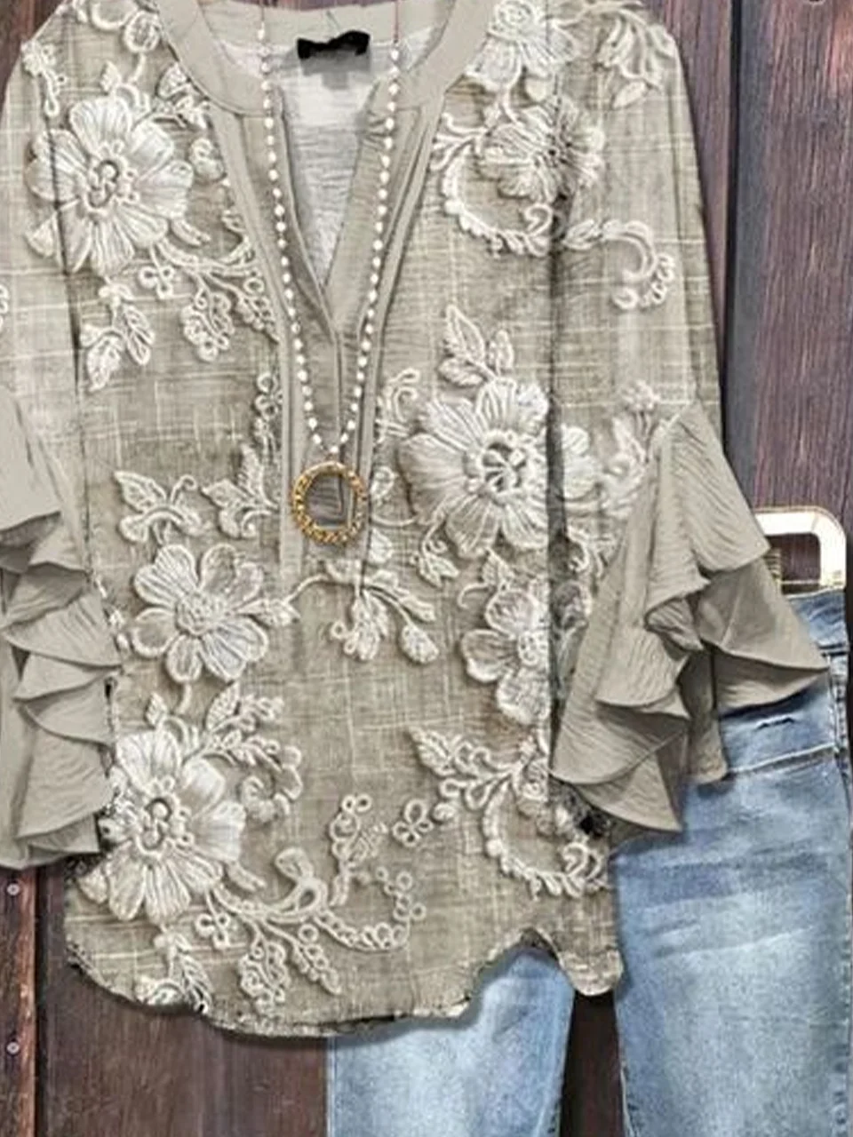 V Neck Half Sleeve Floral Printing Regular Loose Shirt For Women