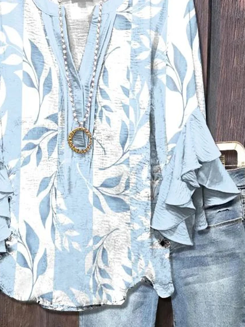 V Neck Half Sleeve Floral Printing Regular Loose Shirt For Women