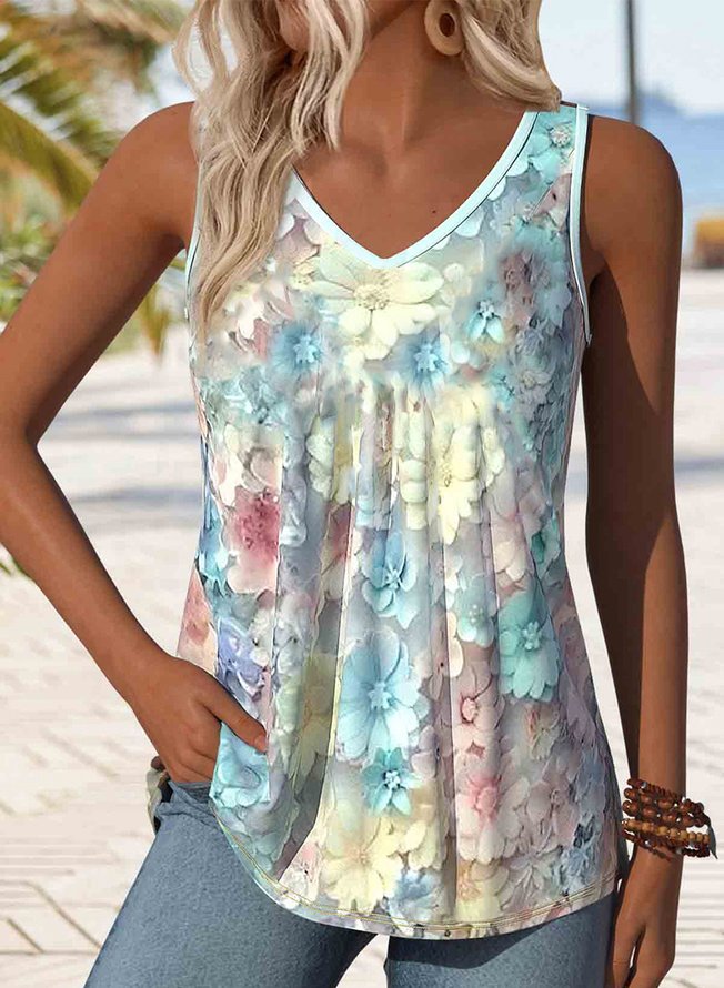 Casual Floral V Neck Sleeveless T-shirt
