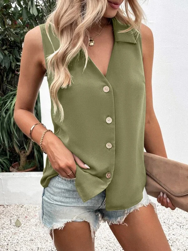 Casual Stand Collar Plain Tank Top Buckle