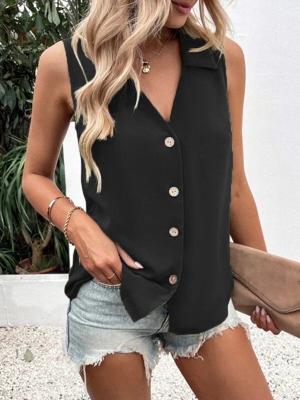 Casual Stand Collar Plain Tank Top Buckle