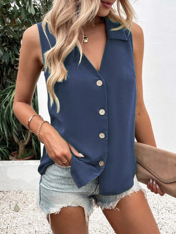 Casual Stand Collar Plain Tank Top Buckle