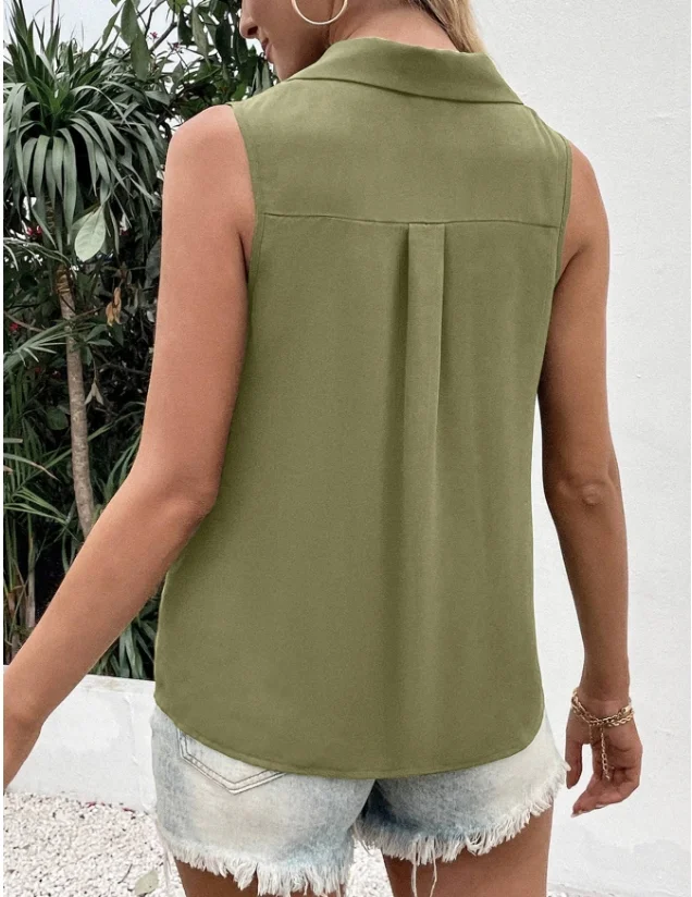 Casual Stand Collar Plain Tank Top Buckle