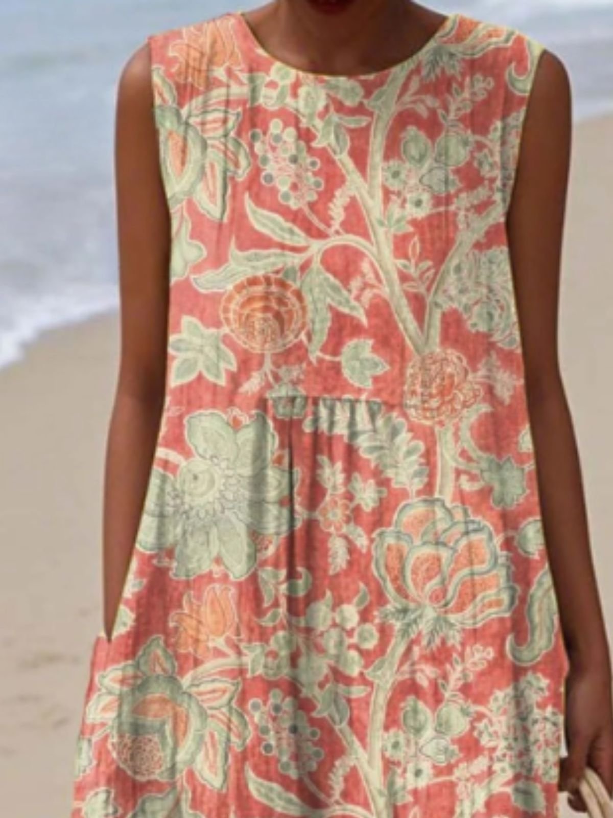 Women Floral Summer Dress Crew Neck Sleeveless A-Line Dress