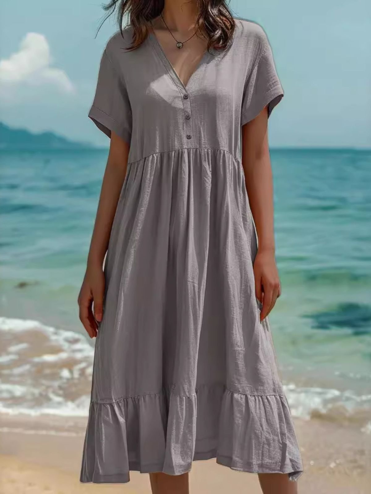 Women Plain Summer Dress V Neck Short Sleeve T-Shirt Dress H-Line Dress