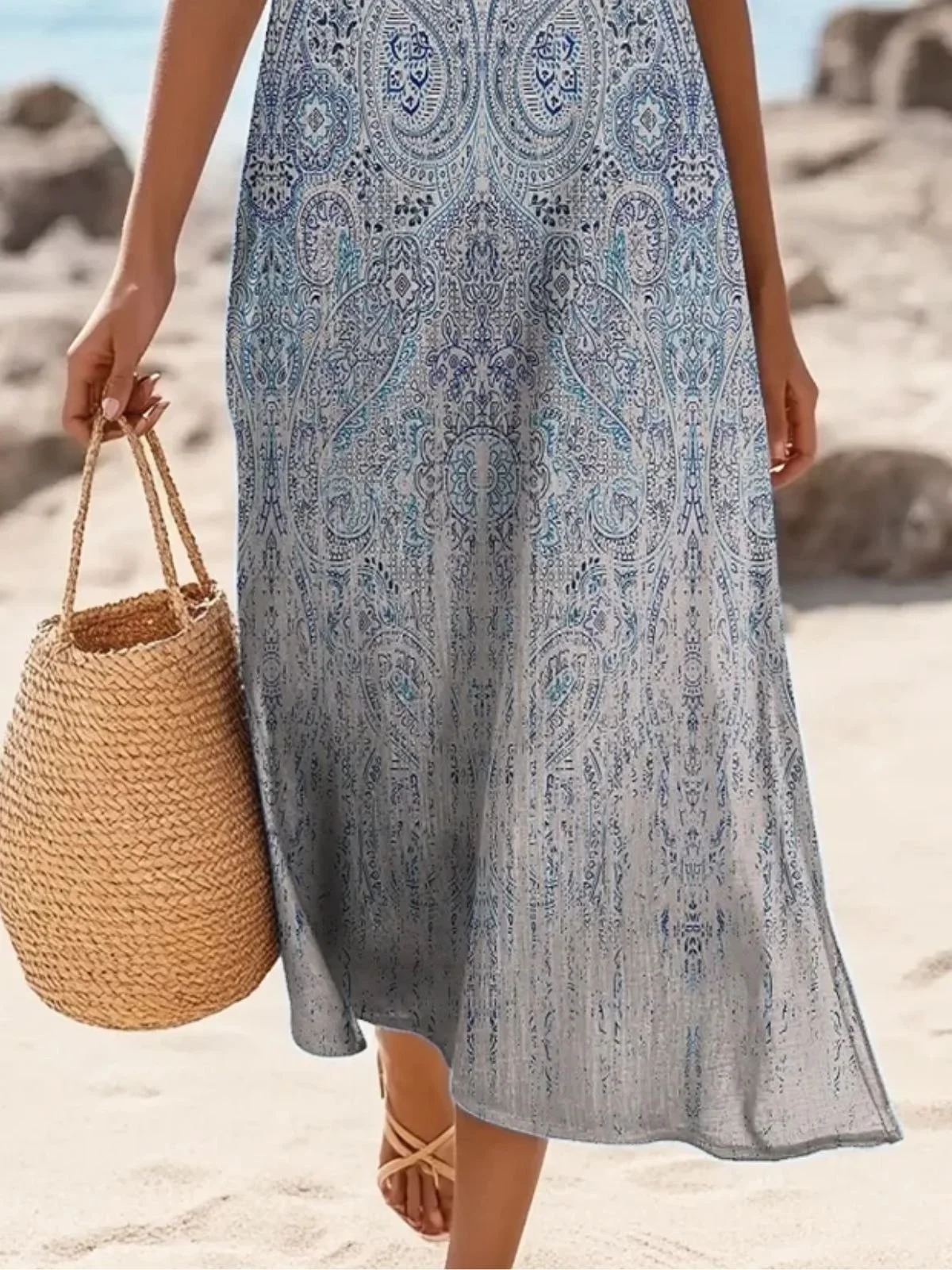 Women Paisley Summer Dress Crew Neck Sleeveless A-Line Dress