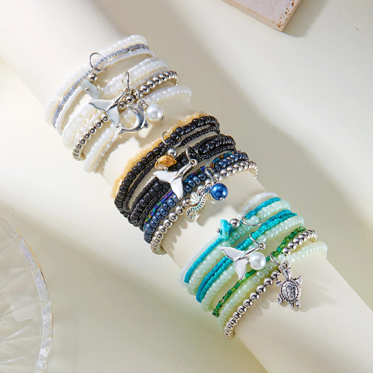 Ins Style Bohemian Beach Vacation Summer Shell Turtle Fishtail Rice Beads Multi-layer Stacking Bracelet Set
