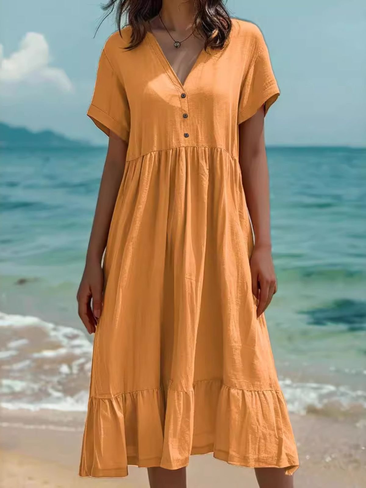 Women Plain Summer Dress V Neck Short Sleeve T-Shirt Dress H-Line Dress