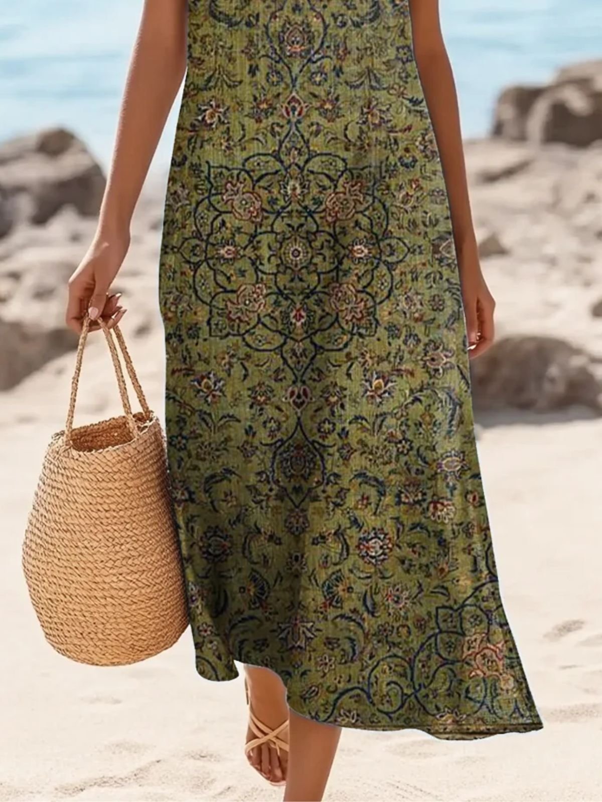 Women Floral Summer Dress Crew Neck Sleeveless A-Line Dress