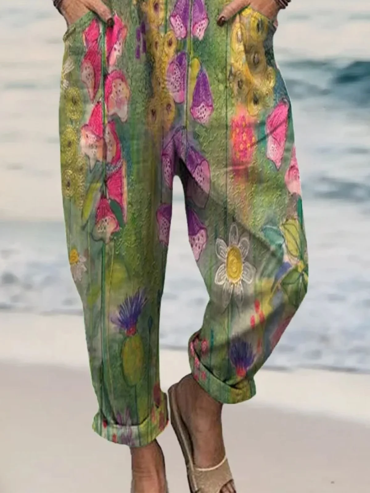 Women Floral Square Neck Gallus Casual Summer Cotton And Linen Jumpsuit