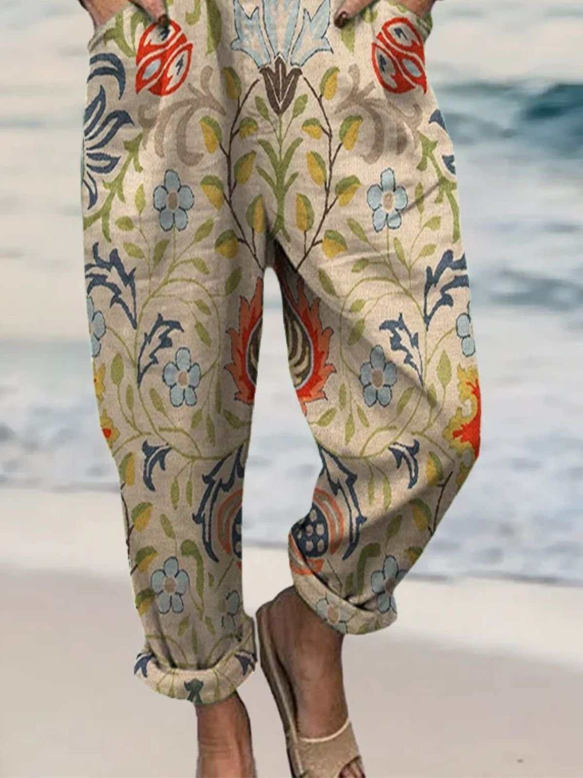 Women Paisley Square Neck Gallus Casual Summer Cotton And Linen Jumpsuit