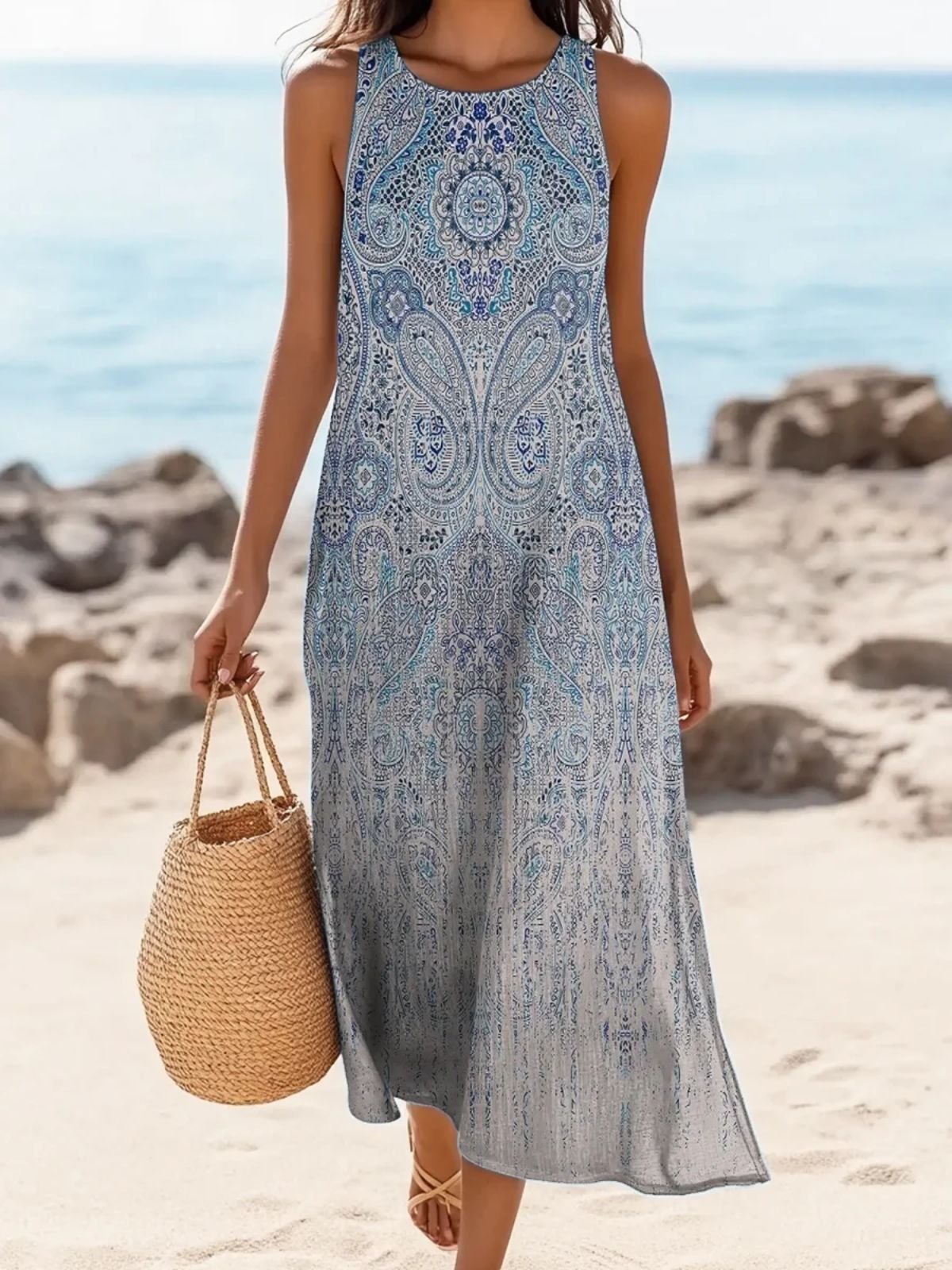 Women Paisley Summer Dress Crew Neck Sleeveless A-Line Dress
