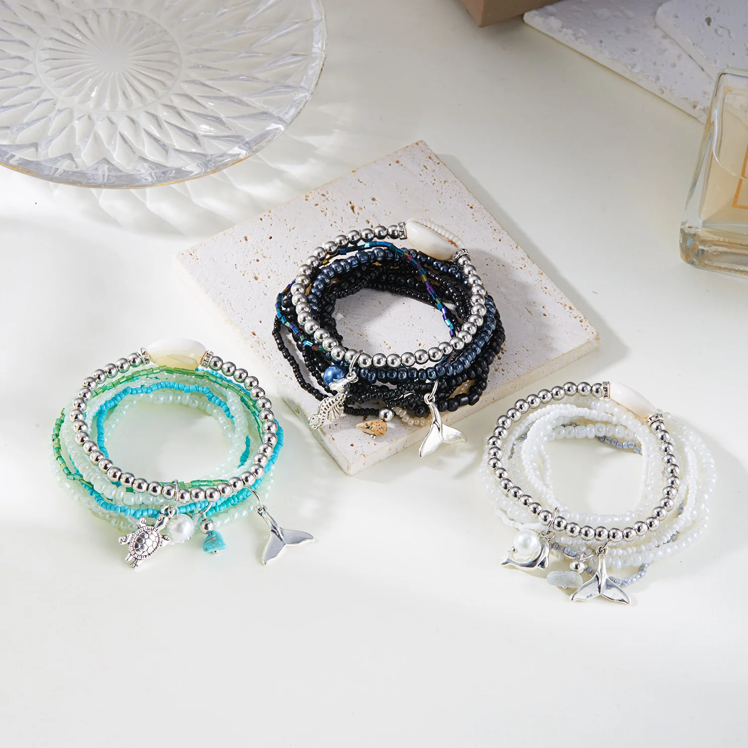 Ins Style Bohemian Beach Vacation Summer Shell Turtle Fishtail Rice Beads Multi-layer Stacking Bracelet Set