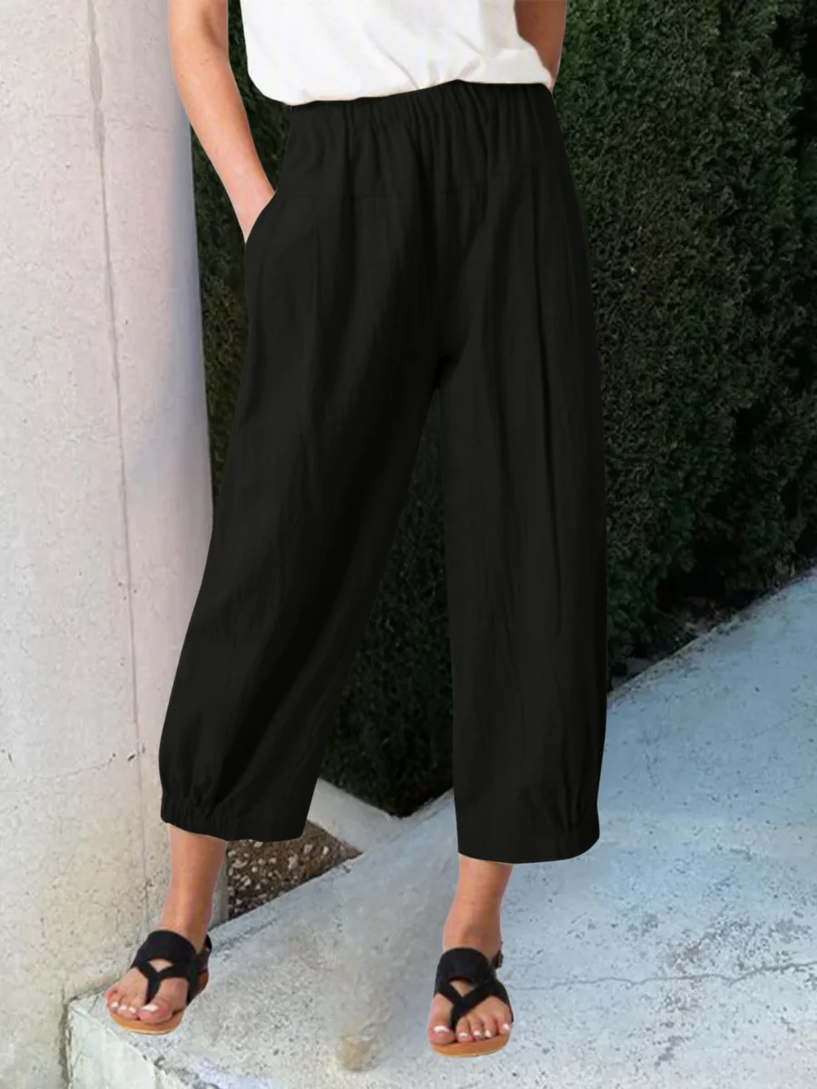 Women Plain Ankle Pants Elastic Waist Pants Casual Spring/Fall Trousers
