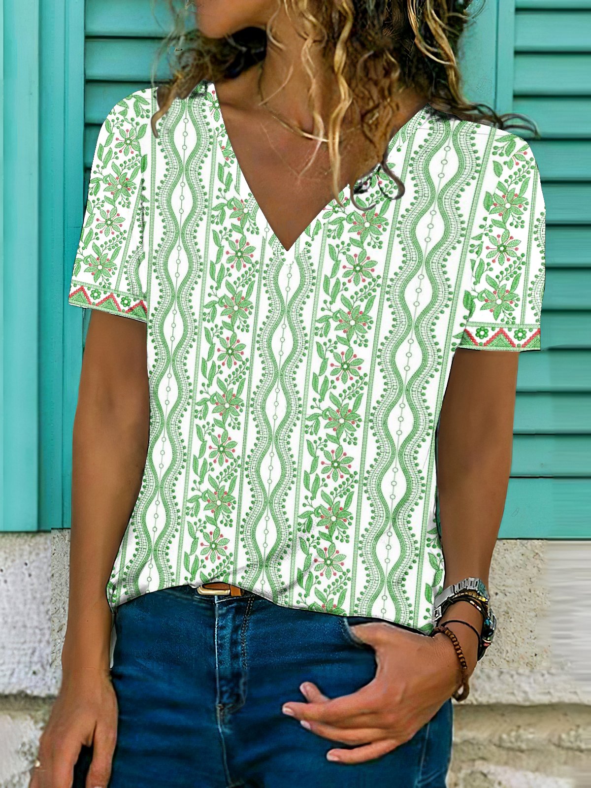 Casual Floral V Neck Short Sleeve T-shirt