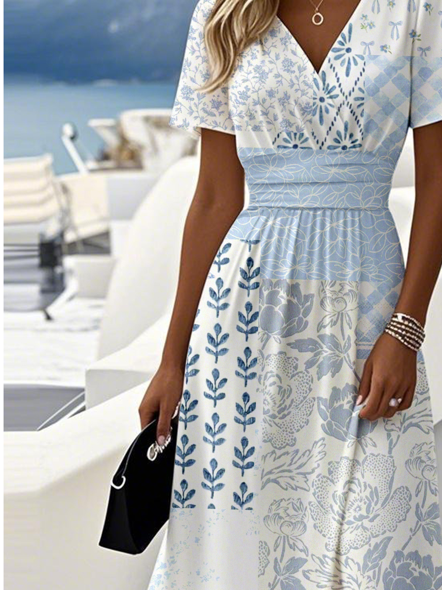 Women Striped Summer Dress V Neck Short Sleeve Beach Dress A-Line Dress