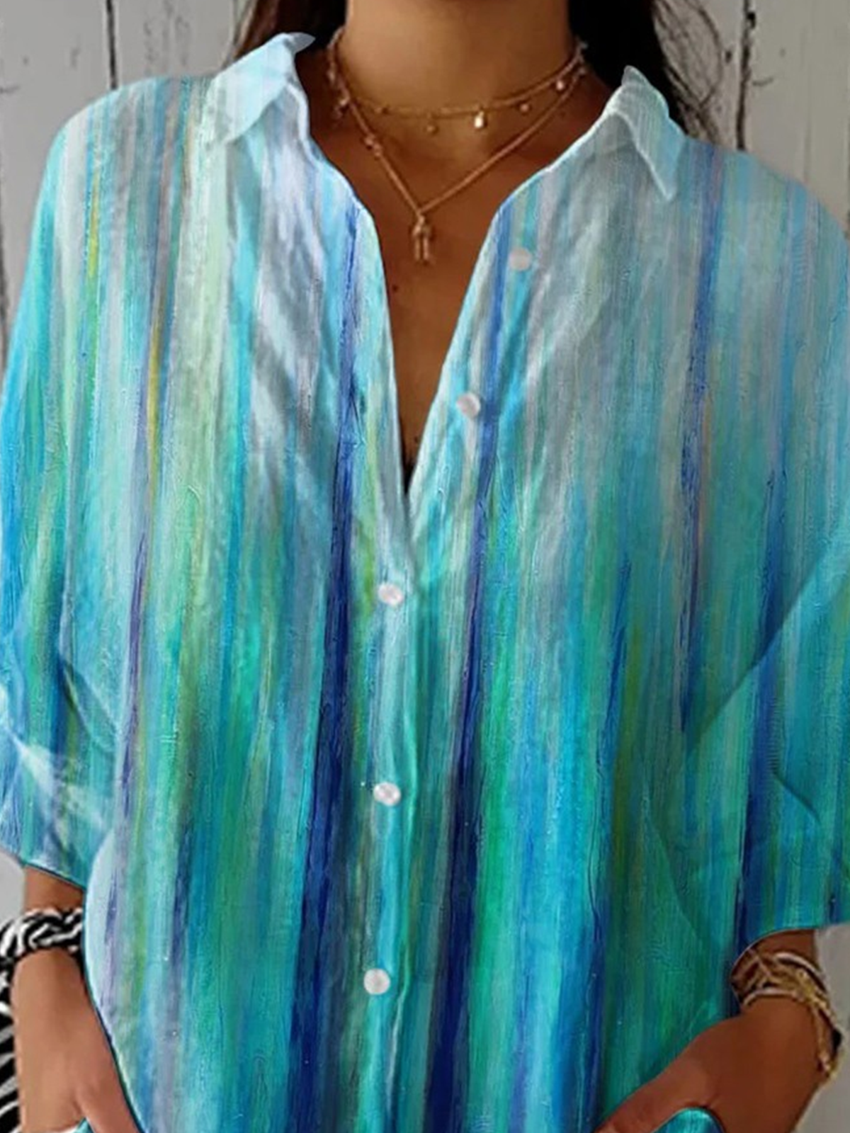 Shirt Collar Long Sleeve Striped Regular Micro-Elasticity Regular Fit Shirt For Women