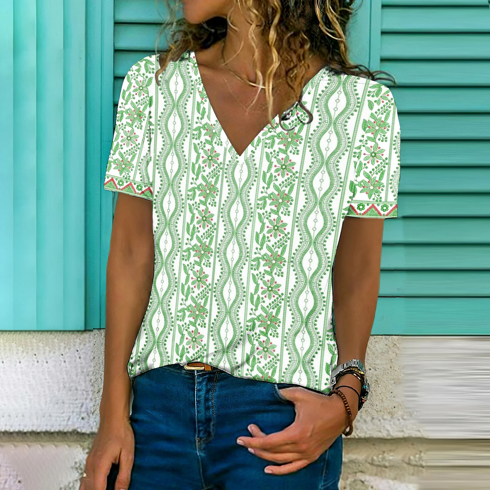 Casual Floral V Neck Short Sleeve T-shirt