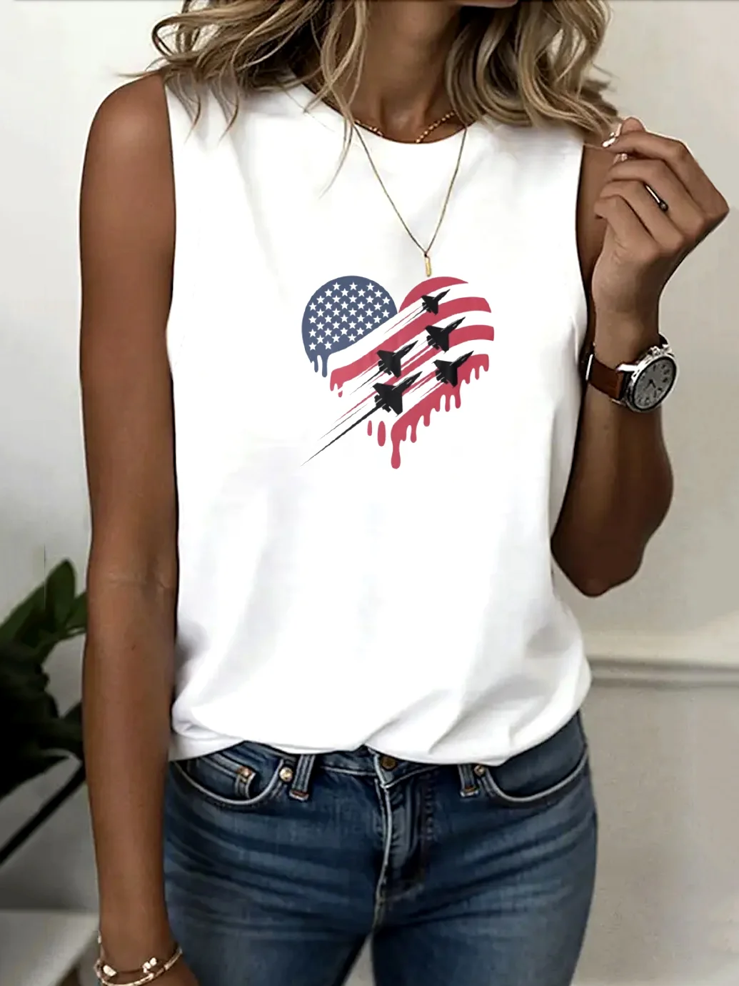 Casual Crew Neck Geometric Tank Top