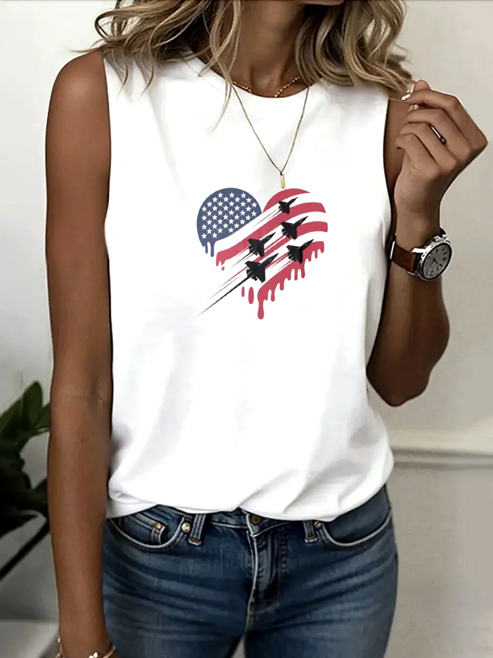 Casual Crew Neck Geometric Tank Top