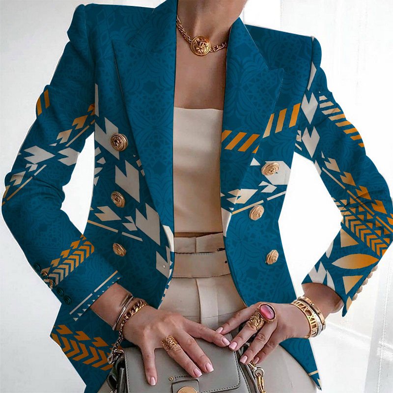 Women Geometric Spring/Fall Outerwear Vintage Printing Long Sleeve Regular Blazer