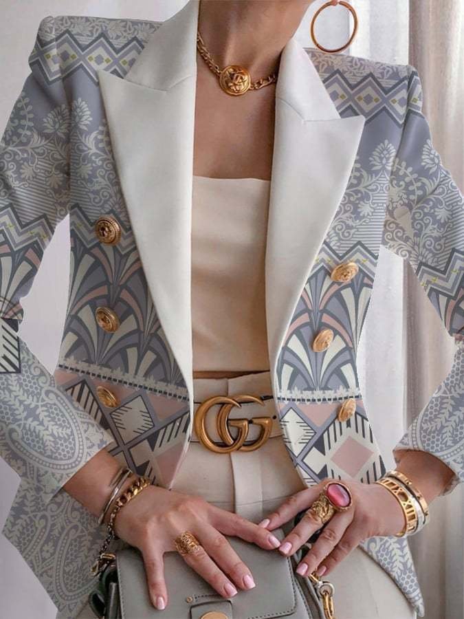Women Geometric Spring/Fall Outerwear Vintage Printing Long Sleeve Regular Blazer