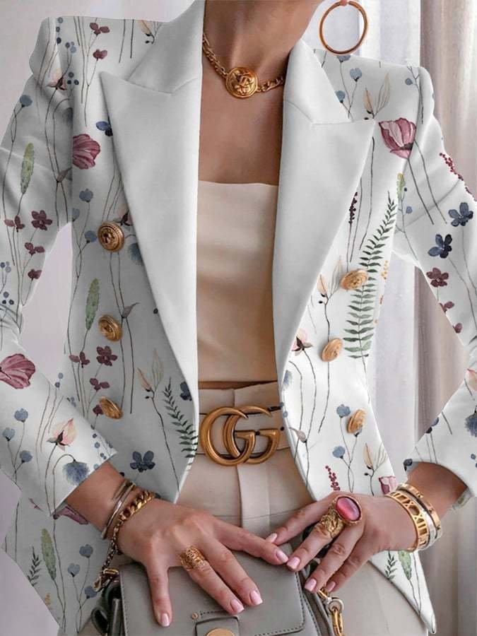 Women Geometric Spring/Fall Outerwear Vintage Printing Long Sleeve Regular Blazer