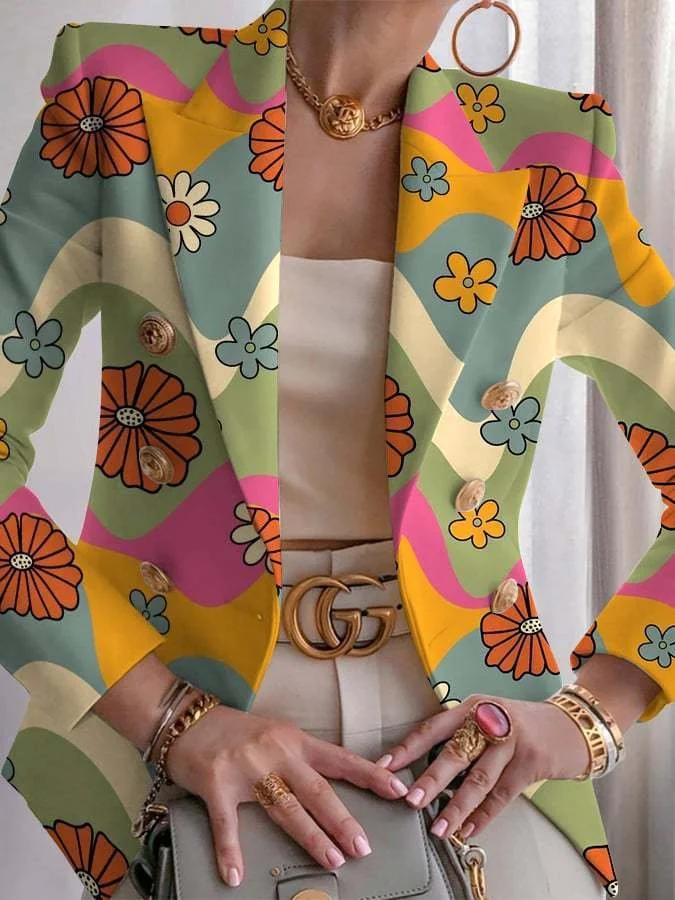Women Geometric Spring/Fall Outerwear Vintage Printing Long Sleeve Regular Blazer