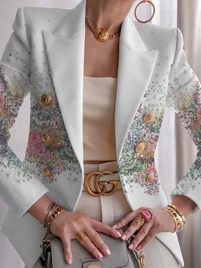 Women Geometric Spring/Fall Outerwear Vintage Printing Long Sleeve Regular Blazer