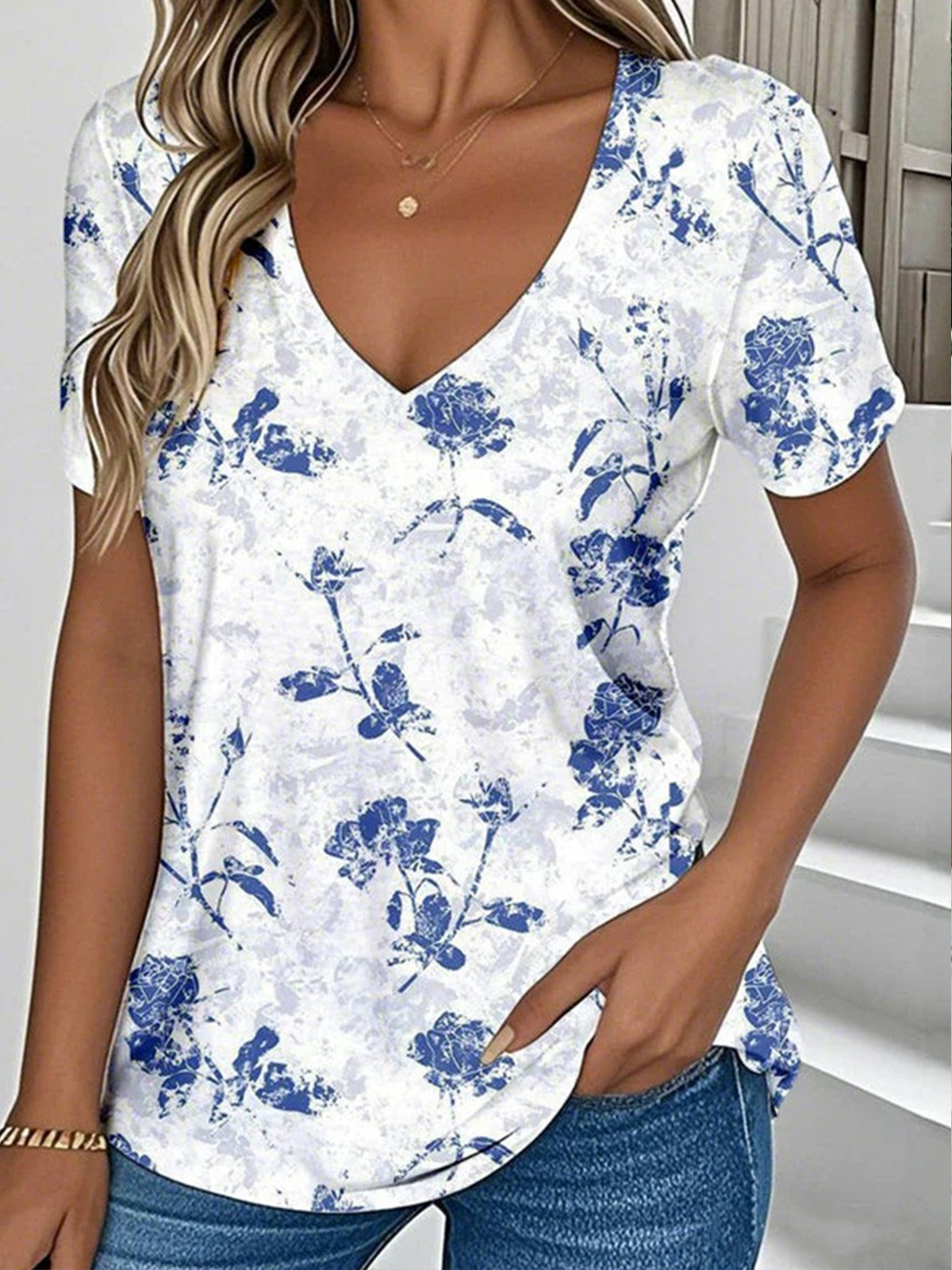 Casual Floral V Neck Short Sleeve T-shirt