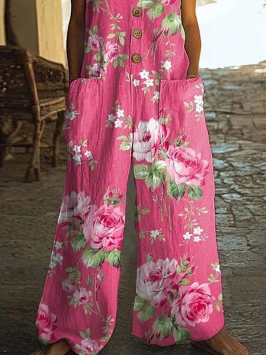 Women Floral Crew Neck Sleeveless Casual Summer Jumpsuit