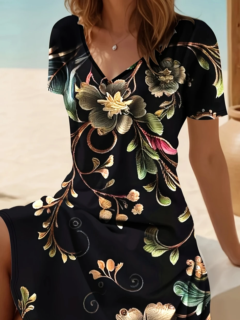 Women Floral Summer Dress V Neck Short Sleeve Fit & Flare Dress A-Line Dress