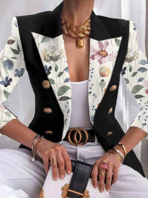 Women Geometric Spring/Fall Outerwear Vintage Printing Long Sleeve Regular Blazer