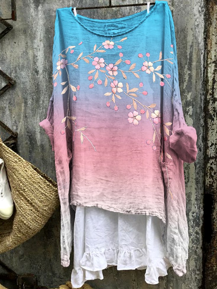 Crew Neck Long Sleeve Floral Regular Micro-Elasticity Regular Fit Shirt For Women