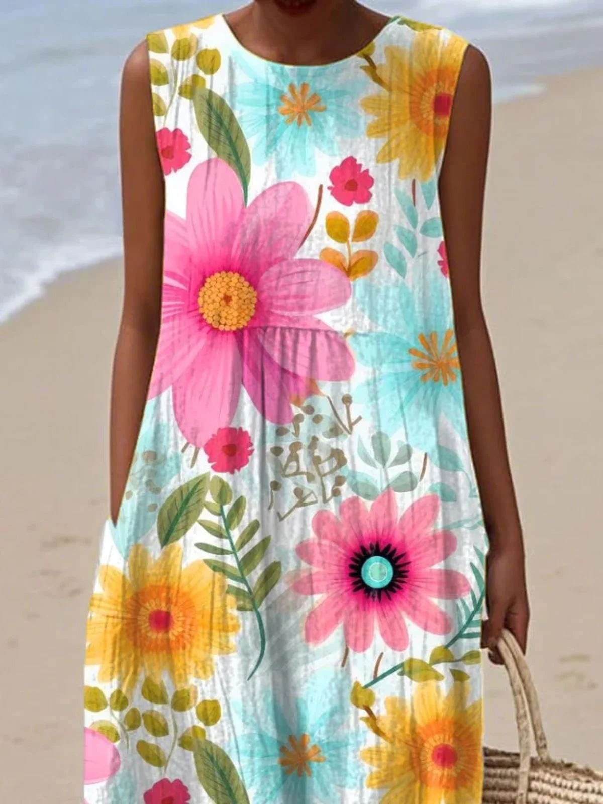 Women Floral Summer Dress Crew Neck Sleeveless A-Line Dress