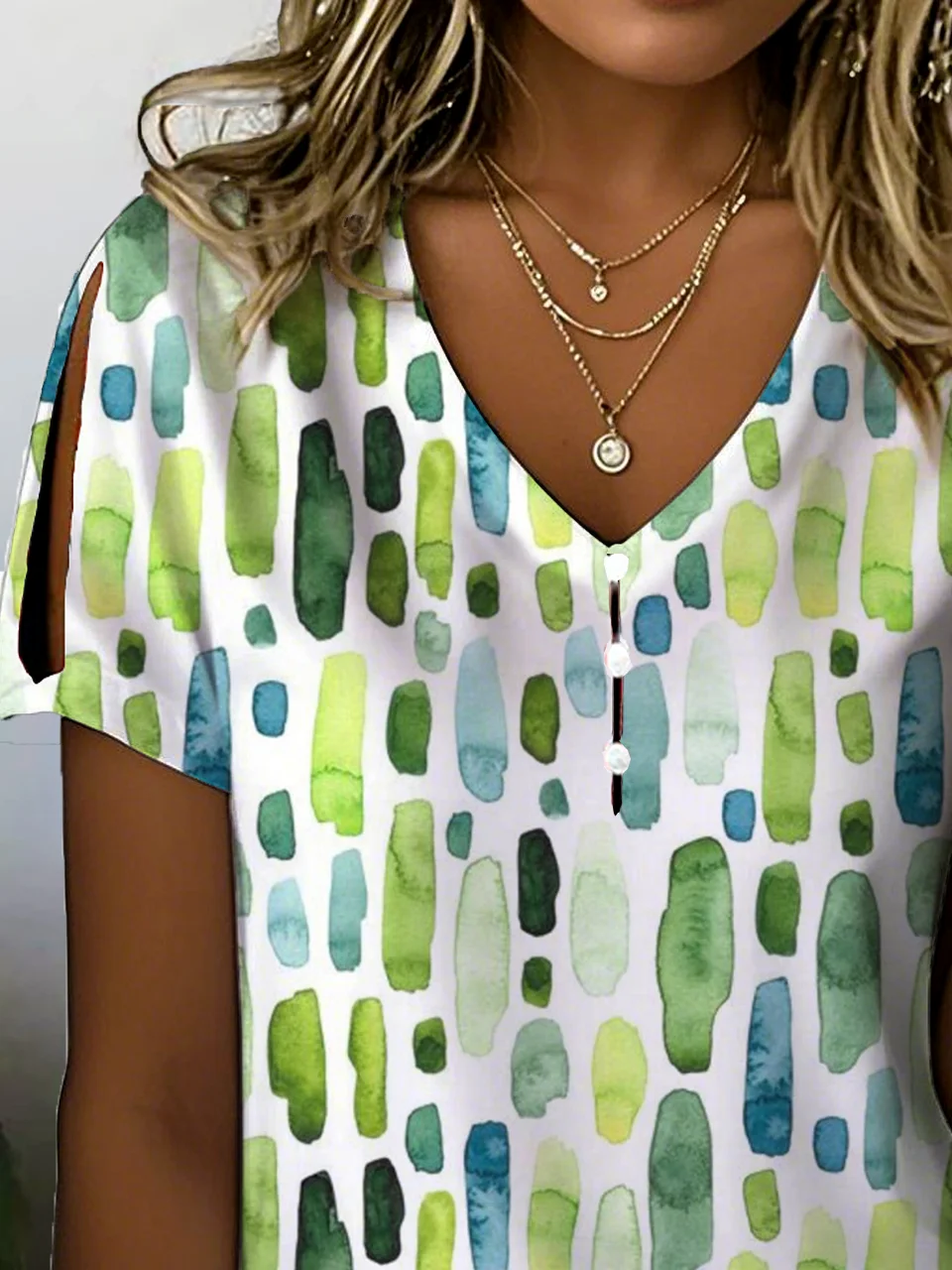 Casual Geometric V Neck Short Sleeve T-shirt