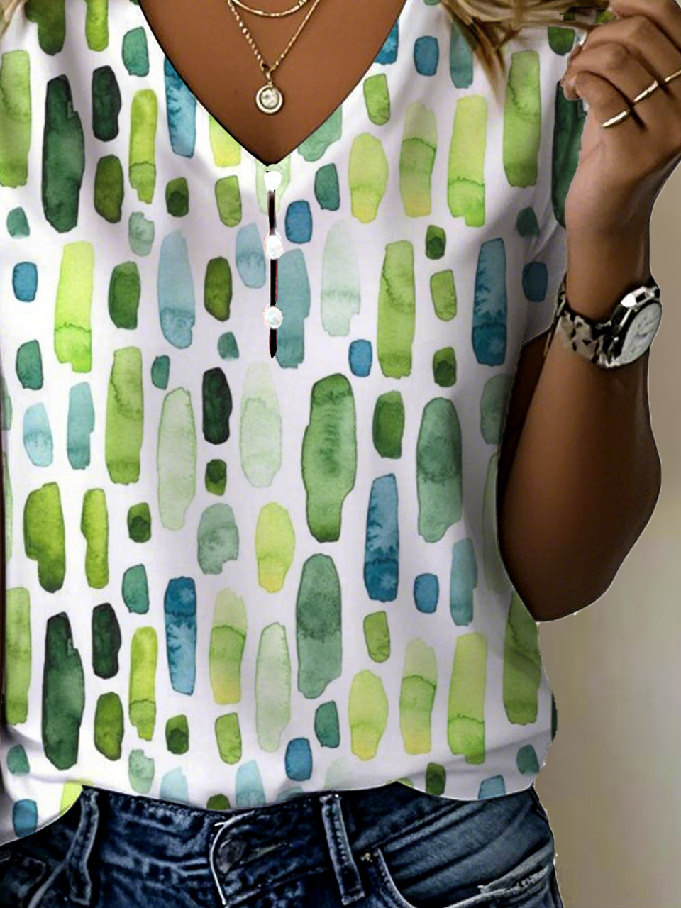 Casual Geometric V Neck Short Sleeve T-shirt