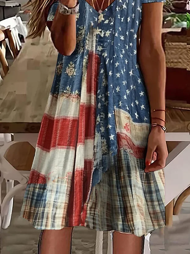 Women Independence Day (Flag) Summer Printing Dress V Neck Short Sleeve Classic A-Line Dress