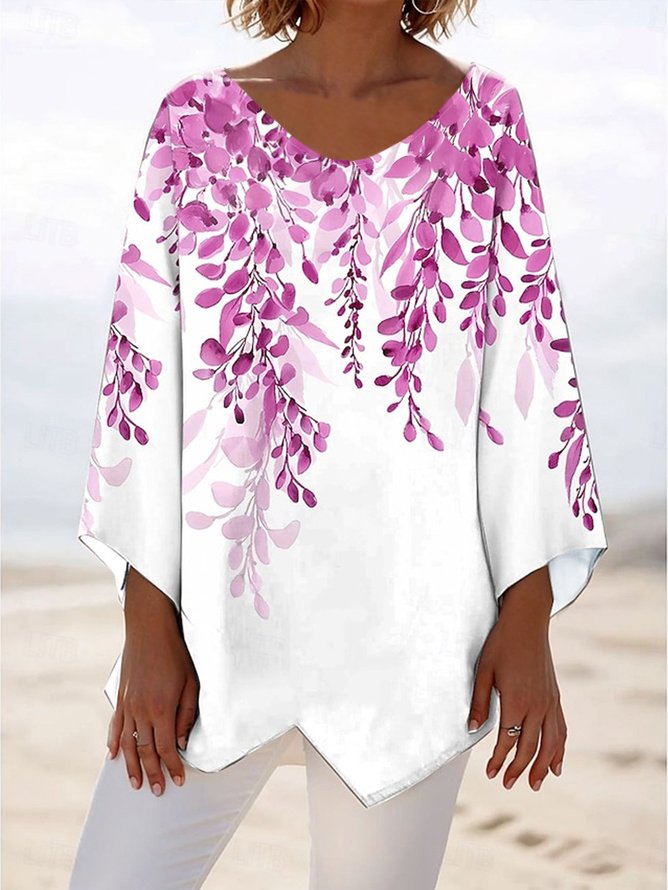 V Neck Long Sleeve Plants Regular Loose Blouse For Women