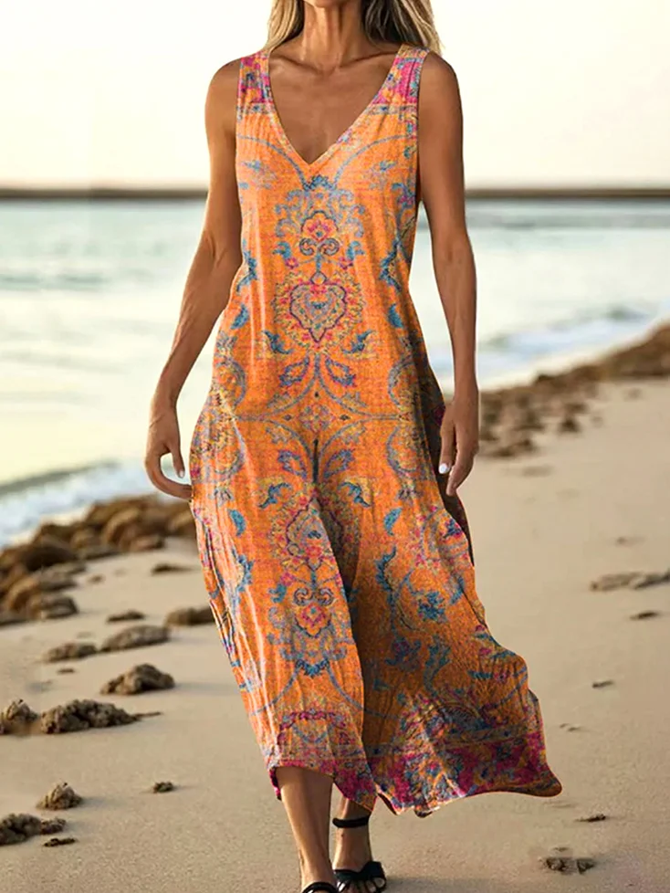 Women Floral Summer Dress V Neck Sleeveless A-Line Dress